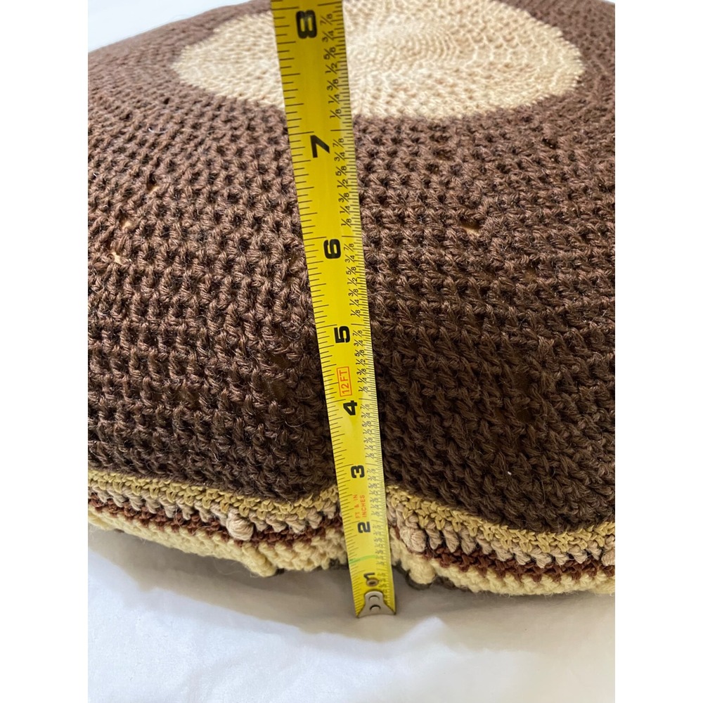 Crocheted Throw Pillow MCM Browns Beige Vtg 70s Look Round Meditation - Picture 5 of 10